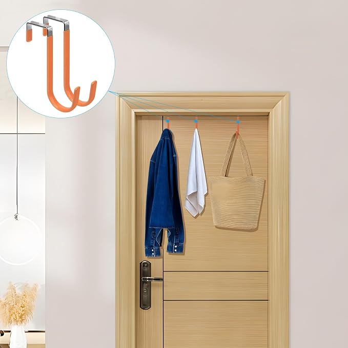 FYY Over the Door Hooks, Single-Hanger 4 Pack, Fits Doors 1 3/8" Orange | Heavy Duty Metal, Hold 20lbs, Rubber-Coated, No-Drilling, for Bathroom Dorm, Hanging Towels Clothes Hats Bags Coats Wreaths