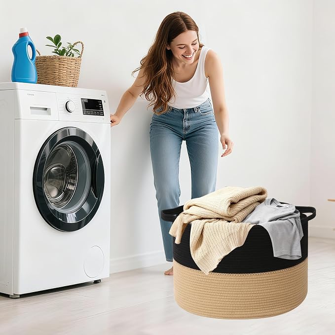 115L Extra Large Blanket Basket,Woven Rope Laundry Basket Hamper with Handles, Decorative Nursery Basket Storage Bin for Toys, Clothes Organizer, Living Room, Bedroom, Bathroom, Black&Camel