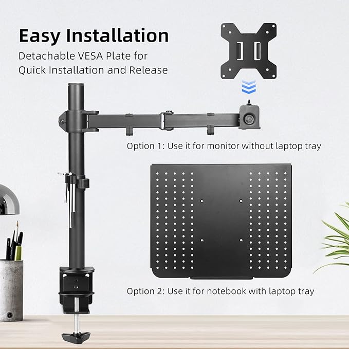 Suptek Single Laptop Notebook Desk Mount with Tray for 13-27 inch Computer Screen, Fully Adjustable Laptop Desk Arm for Notebook up to 17’’, Weight up to 15.6 lbs