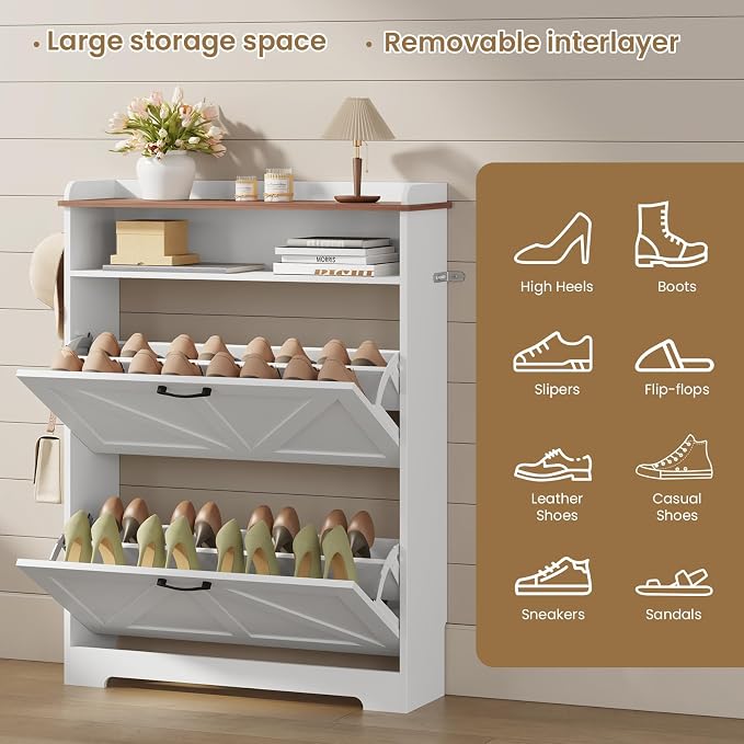 Shoe Cabinet with 2 Flip Drawers, Farmhouse Narrow Shoe Cabinet Organizer with 2 Adjustable Shelves & 2 Hooks, Shoe Rack for Entryway, Foyer, Hallway, White, 31.5" W x 8.7" D x 41.7" H
