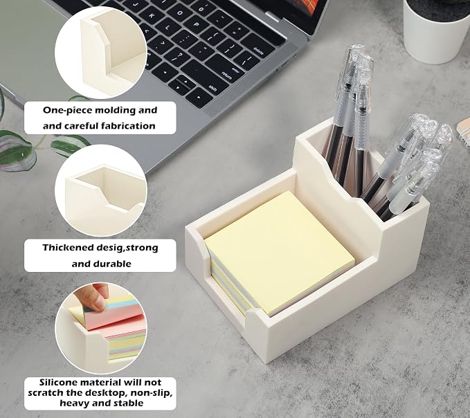 White Sticky Note Holder, Silicone Memo Holder with Pen or Card Slots, Sticky Note Dispenser, Fits 3x3 Inches Sticky Notes, Post It Note Dispenser for Office Desk Accessories