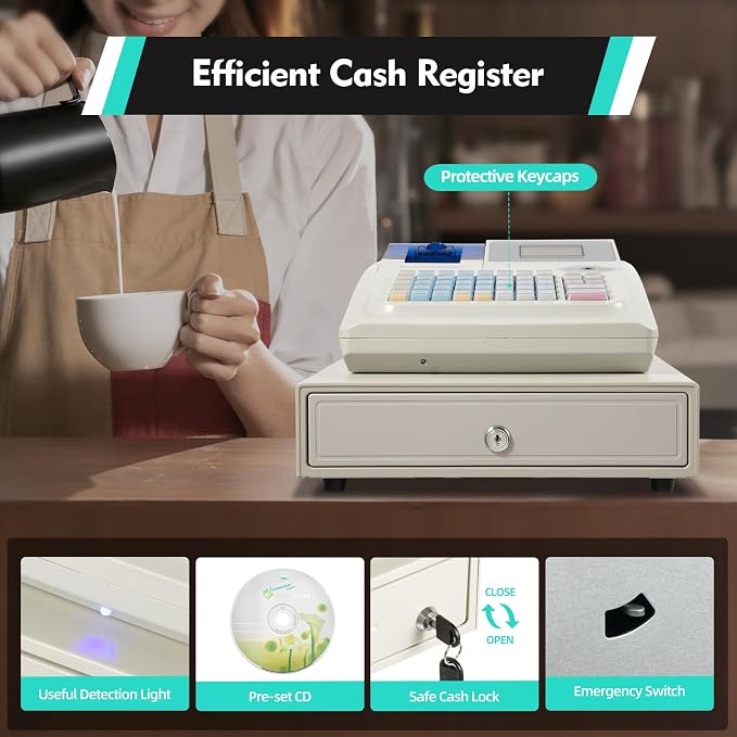 48 Keys Cash Registers, Flat Keyboard with Drawer Box 8-Digital LED, POS Cash Machine Flat Keyboard for Catering Supermarkets Clothing Stores Hamburger Stores