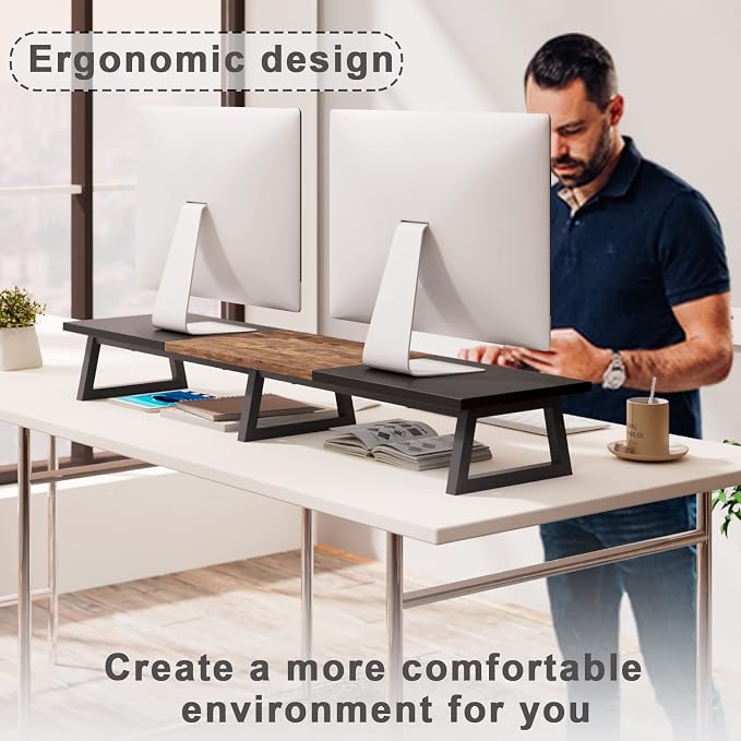 TEAMIX 42 inch Large Dual Monitor Riser, Desk Organizer Stand for TV Laptop | Extra Long Computer Stand Shelf, Wood & Steel TV Riser, Holds 300lbs, Keyboard & PS5 Storage Below, For Home Office & Gaming