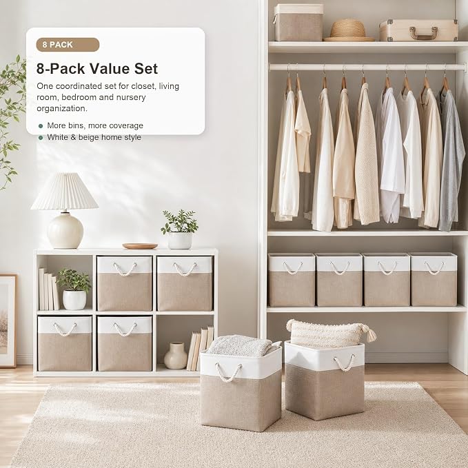 11x11 Inch Cube Storage Bins, 6 Pack Collapsible Fabric Storage Cubes with Rope Handles, Waterproof Foldable Storage Baskets for Cube Shelves, Closet, Clothes, Toys, Books, White & Beige