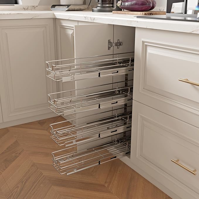 Sikarou 4-Tier 8" W x 21" D Narrow Pull Out Cabinet Organizer, Roll out Spice Rack Holder Shelve, Slide Out Slim Storage Wire Baskets for Storage Organization