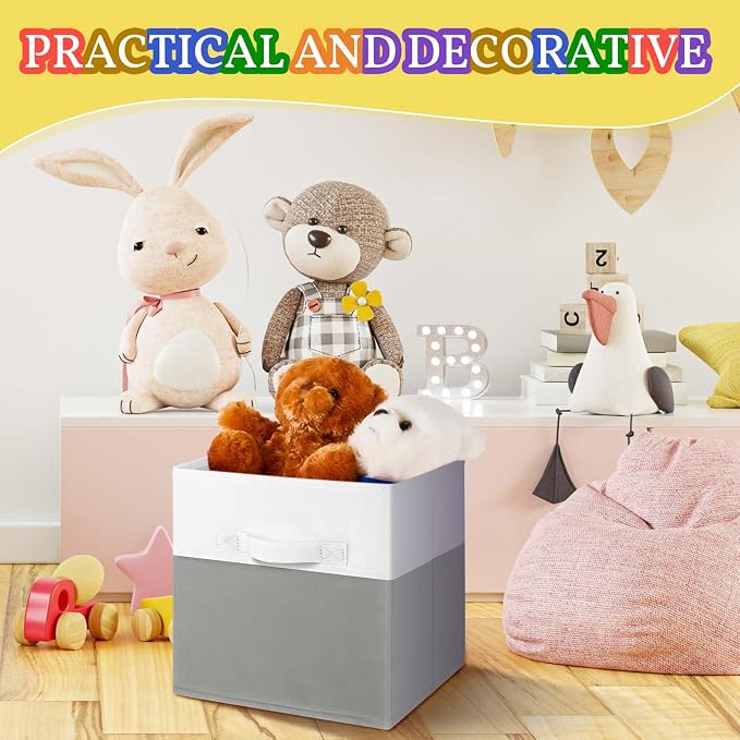 Yinder 6 Pcs Cube Storage Bin White Gray 10.5''x10.5''x11'' Storage Bins for Playroom Decor Colorful Bins for Kids Foldable Baskets for Nursery Organizer Boxes Fabric Boxes