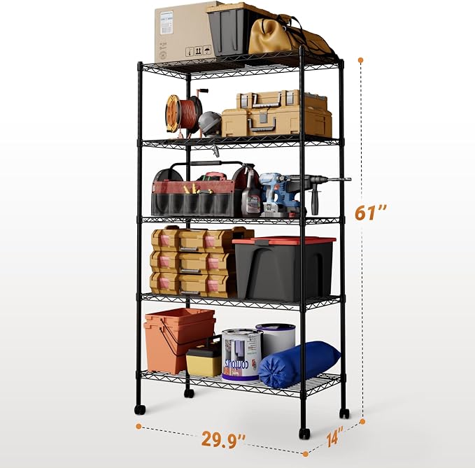 HealSmart Heavy Duty 5-Shelf Storage Shelving Unit, 1250lbs Loading Capacity, 29.92" D x 13.98" W x 62.99" H Adjustable Steel Organizer Wire Rack, Black