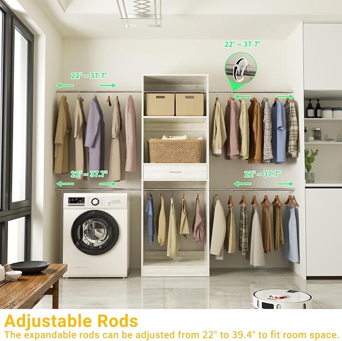 Unikito 96” Closet System, 8FT Walk in Closets Organizer Kit with 4 Extendable Hanging Rods and Drawer, Adjustable Wood Garment Rack, Sturdy Closet Insert, Easy Assembly, Max Load 1000 LBS, White Oak