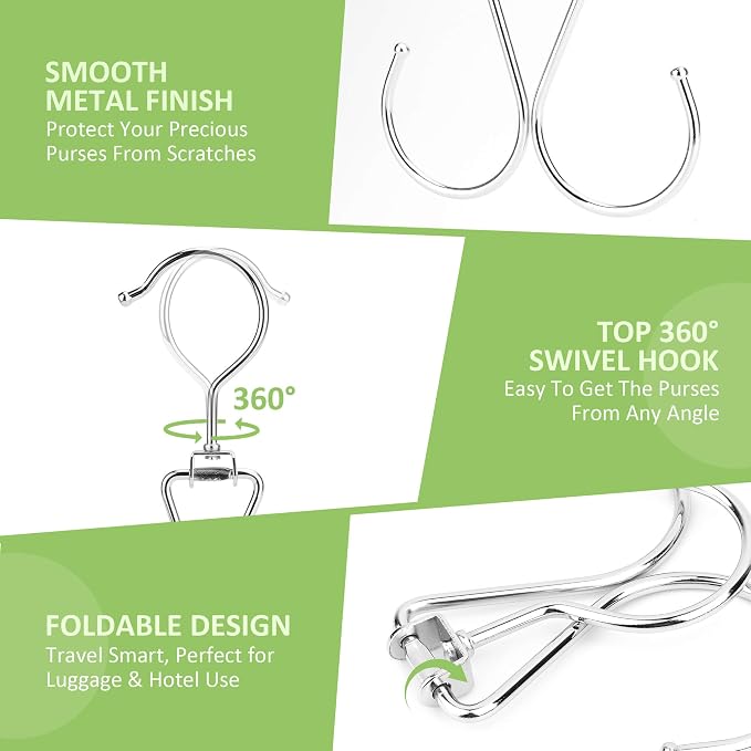 6 Pack Purse Hanger for Closet, 12 Storage Capacity Rotatable Purse Hooks, Hanging Backpack Bag Holder, Closet Organizers and Storage, Silver
