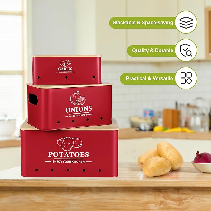 Kitchen Vegetable Storage Set of 3, Metal Onion Garlic Potato Storage Set, Kitchen Canisters Vegetable Keeper Containers with Aerating Holes and Bamboo Lid，Red