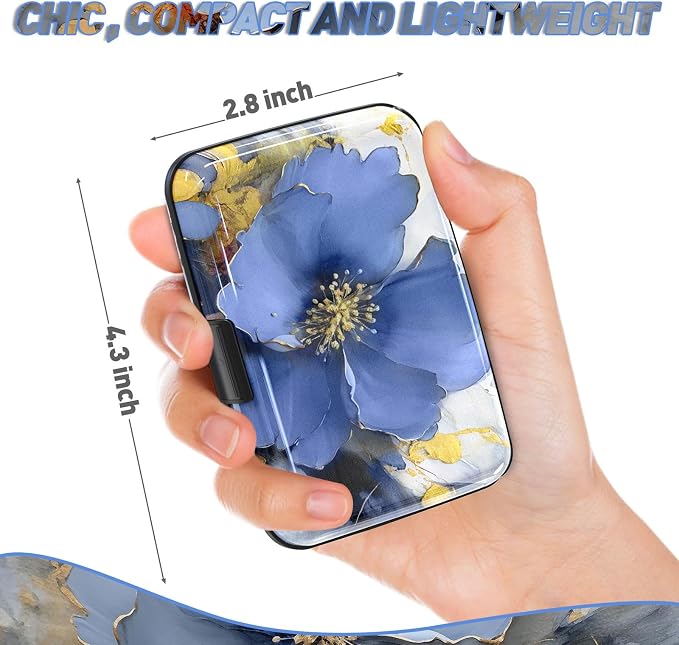 Credit Card Holder, Mini RFID Small Aluminum Card Wallet Business Card Case | Blocking Slim Metal RFID Blocking Front Pocket Wallet Hard Case Durable CC Holder for Women Girls, Blue Flowers