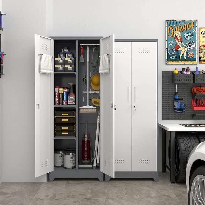 Broom Storage Cabinet, Metal Utility Storage Cabinet with Hanging Rail, 65" Tall Cleaning Tool Organizer with Shelves and Doors, Cleaning Storage for Home, Garage, Office, Balcony