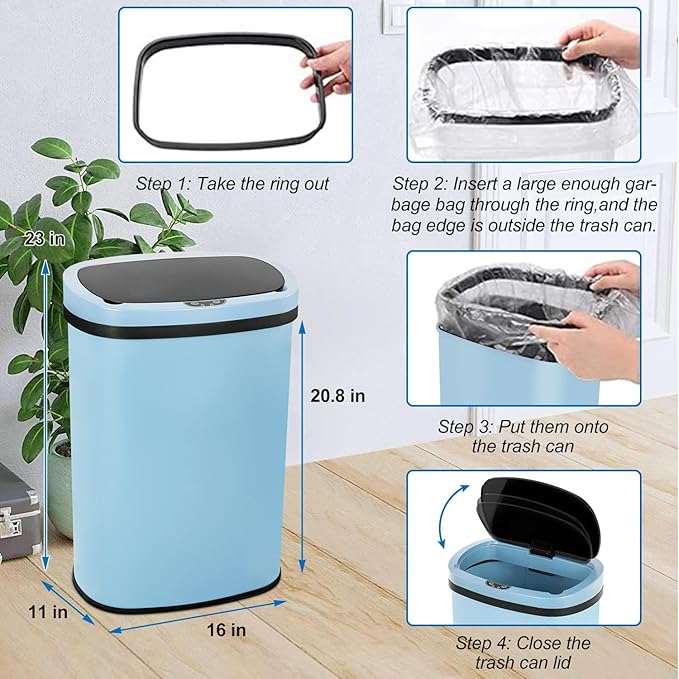 Bigacc 13 Gallon Automatic Touchless Trash Can with Lid, 50L Capacity, Stainless Steel, Blue, 16 x 11 x 23 in