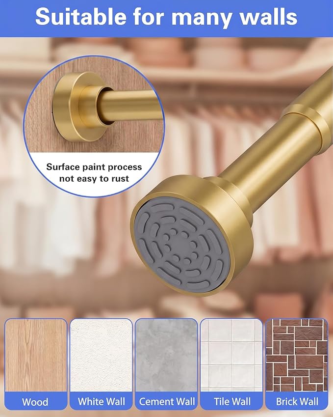 Closet Rod, No Drill Tension Closet Rod for Hanging Clothes, 17-54in, Gold | Quick Tool-Free Install, Non-Slip Rubber Ends Grip Securely, Heavy-Duty Rod Supports Up To 66 lb In Closet, Laundry Rooms, RV