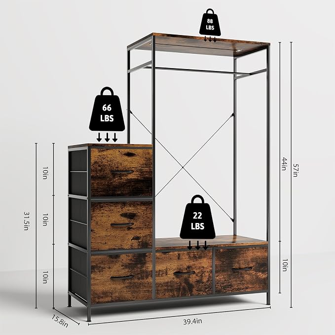 Clothing Rack with Fabric Drawers & LED Lights, 39.4W*57H Dresser with Hanging Rack, Free Standing Wardrobe Closet with Shelves, Closet Organizer with Drawers for Bedroom, Small Space, Apartment