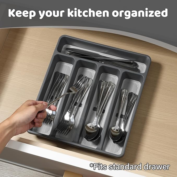 shopwithgreen Silverware Organizer with Cutlery Icons，Silverware Tray for Kitchen Drawer，Plastic Flatware Drawer Organizer Utensil Organizer with Non-slip TPR Linings，5-Compartment Silverware Caddy