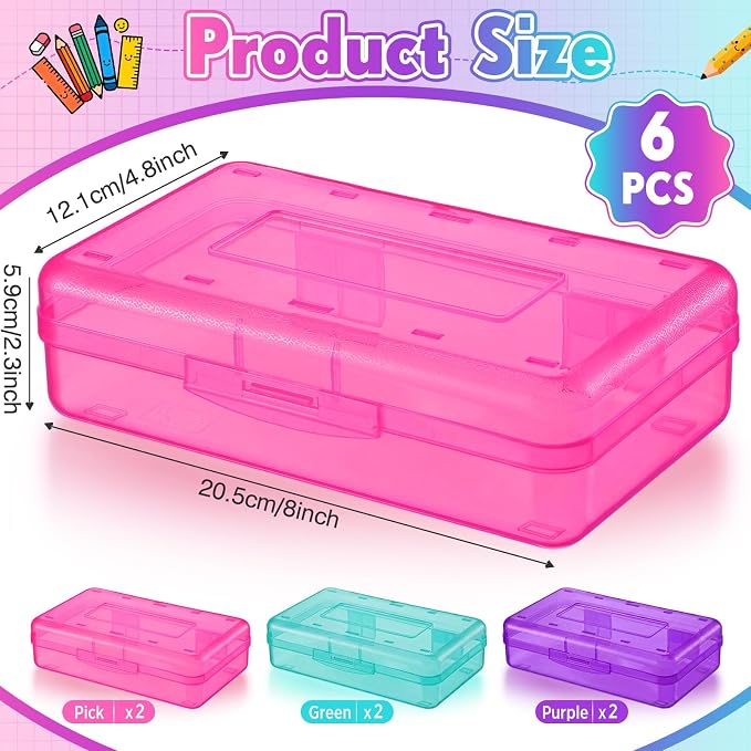 Blulu 6 Pack Large Plastic Pencil Case Box Clear Pencil Boxes Bulk Hard Crayon Box Storage with Snap Lids 8.1 x 4.7 x 2.2 Inch Painting Organizer Classroom Stationery School Supplies (Cute Color)