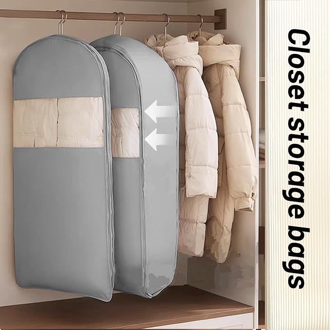 Space Saving Hanging Compression Garment Bag with Zipper for Closet Storage, Hanging Clothes Storage Bag, Garment Covers for Coats and Down Jackets, Gray, XL