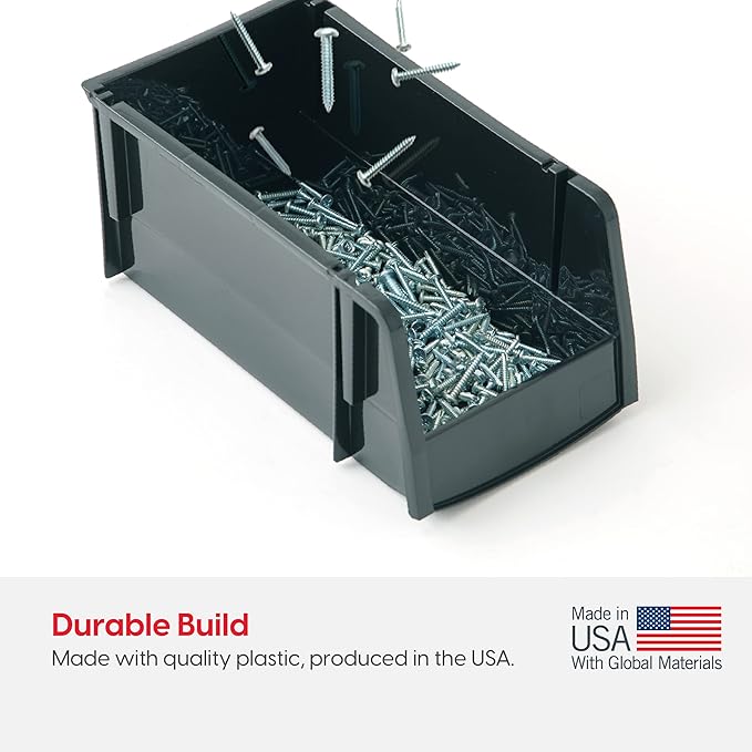 IRIS USA Large Stackable Storage Bins, 8-Pack, 13"L x 6"W x 5"H, |Made in USA|, Plastic Open Front Shelf Bin for Organizing Parts, Hardware, Tools, Supplies, Garage Shelf, Pantry - Black