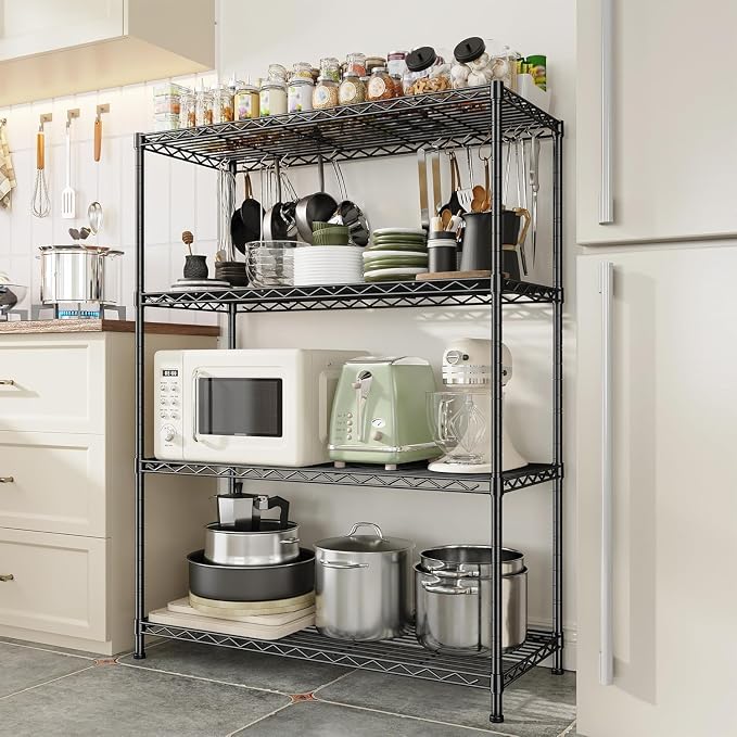 Xcity Storage Shelves, 4 Tier Heavy Duty Metal Shelving Unit with Wheels, 1600 LBS Adjustable Steel Wire Shelf for Commercial, Pantry, Kitchen, Garage, 18" D x 36" W x 60" H, Black