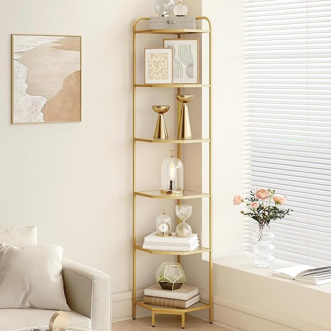 Hzuaneri Corner Shelf Stand, 6-Tier Glass Bookshelf Bookcase, Bathroom Organizer, Plant Stand, Steel Frame, Tempered Glass, Modern Style for Living Room, Bathroom, Kitchen, Golden CS90600G