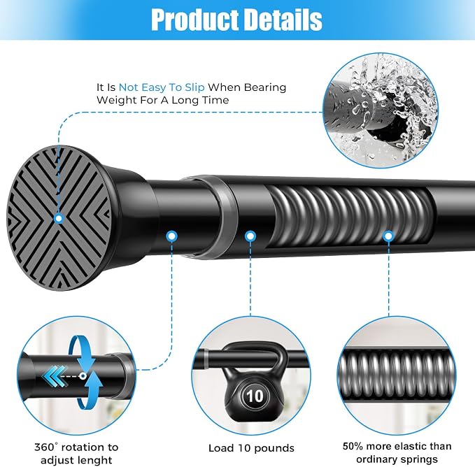 1pack Shower Curtain Rod 31-62 inch Tension Rod Black Shower rod Non Slip Adjustable Curtain Rods No Drilling Tension Curtain Rod Shower Rods for Windows Closet