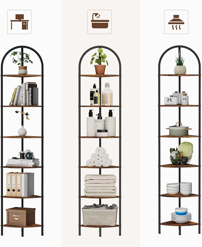 Homhedy 6-Tier Arched Corner Shelf Stand, Wall Corner Bookshelf | Plant Stand with Metal Frame, Industrial Storage Rack Shelf for Living Room, Bedroom, Office, Bathroom, Rustic Brown