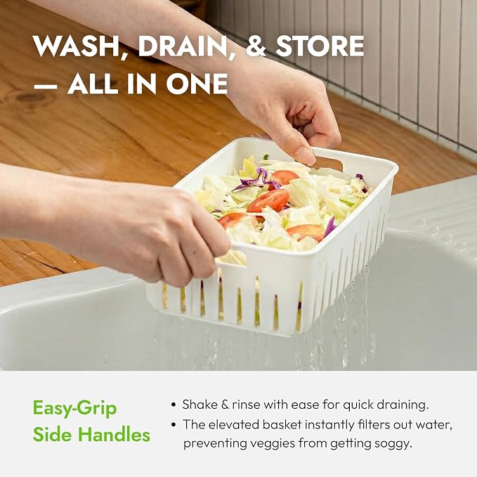carrotez 12.7 Cup Produce Saver Container for Fridge with Colander - 3.0L | Airtight Fruit & Vegetable Storage Bin, Removable Strainer Basket, BPA-Free, Stackable, White Colander