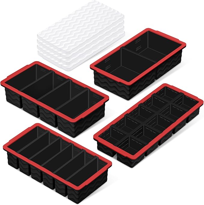 Silicone Freezer Trays with Lid (4-Pack), 1-Cup, 2-Cup, 1/2-Cup & 2-Tbsp Silicone Freezer Molds, Stackable Soup Freezer Meal Prep Containers,Ice Cube Tray for Making Sauce,Smoothies,Yogurt Bites