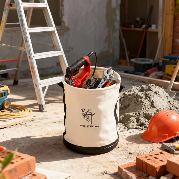 1 Pack 15" x 12" Canvas Tool Bucket Bag, Heavy Duty 150 Lbs Load Capacity, Truck Tool Organizer with Plastic Bottom Metal Hook for Linemen Electricians & Construction Workers (White)
