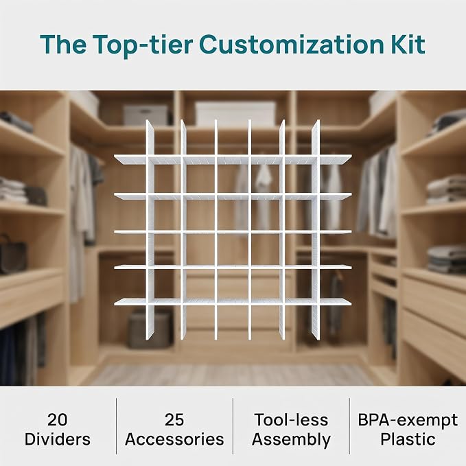 20 PCS with 25 Accessories, Adjustable Plastic Drawer Organizer Inserts, 12.6" x 2.76" x 0.08" White Interlocking Grid Separators for Dresser, Kitchen, Bathroom, Office & Craft Room Storage