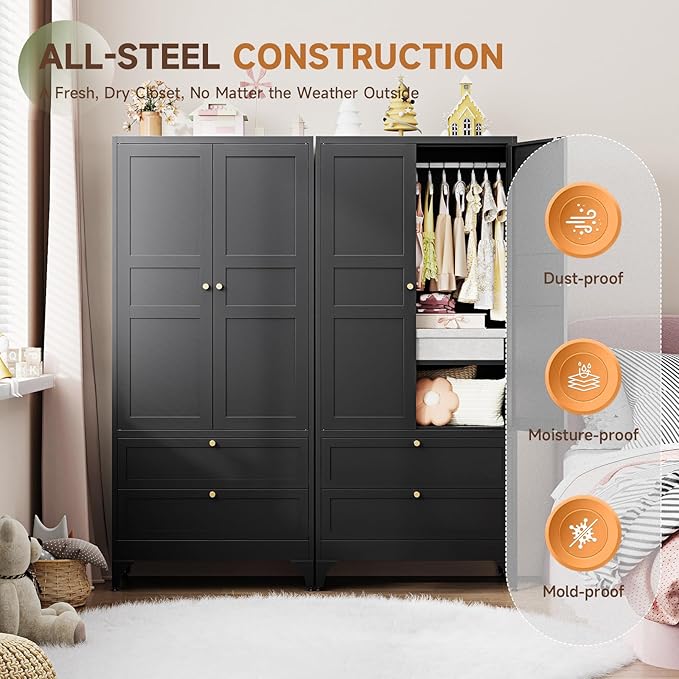 Letaya Metal Armoire Wardrobe Closet with 2 Drawers,18" Deep Clothing Storage Cabinet with Doors and Shelves,Coat Closet with Hanging Rod,Bedroom,Home,Cloak Room-Black