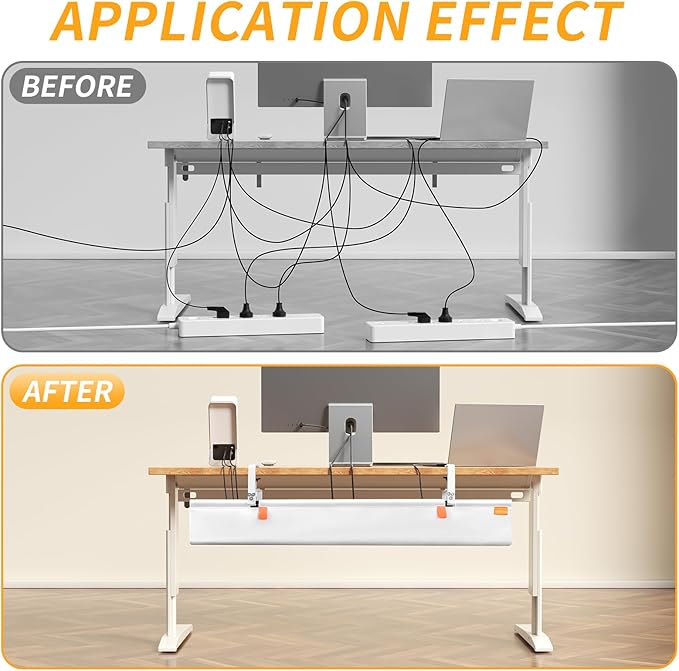 Under Desk Cable Management Tray with Clamp, No Drill 36" Cord Organizer for Desk, Desk Cable Management Fabric Tray for Standing Desks, Ideal for Home & Office - White