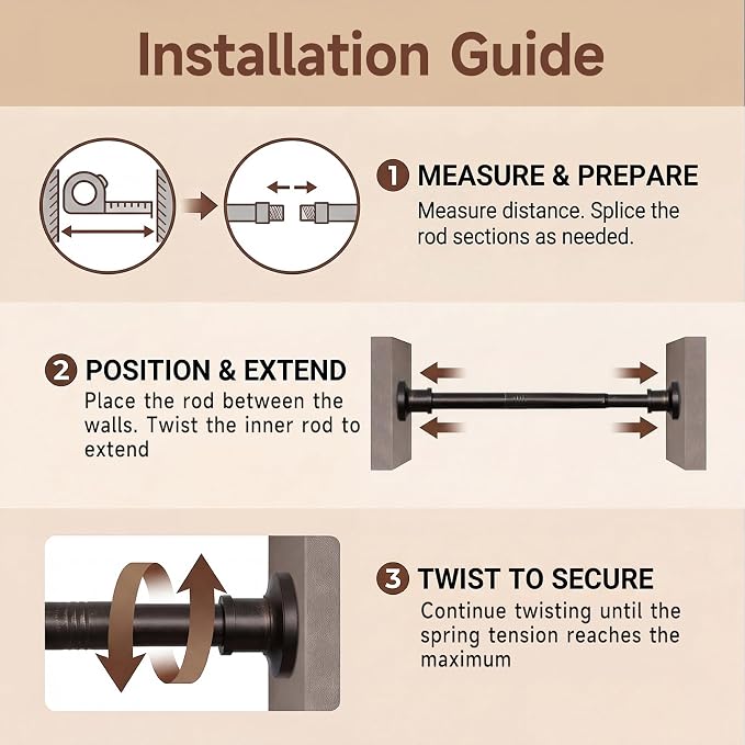 BRIOFOX Bronze Tension Curtain Rod 24 to 110 Inch(2-9.1ft) - Spring Tension Shower Curtain Rod, No Drilling Bronze Tension Rod for Curtains or Windows