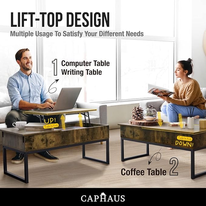 CAPHAUS Lift Top Coffee Table w/Sliding Drawer, Rising Tabletop Coffee Table w/Hidden Storage & Sliding Drawer, Storage Coffee Table w/Lift & Sliding Tabletop for Living Room, 41" Espresso