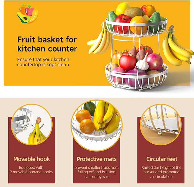 Sevenblue 2 Tier Fruit Basket for Kitchen Counter with 2 Banana Hangers, 2026 Pro Detachable Metal Fruit Bowl with Wooden Handle,Fruit Holder for Bread Snack Veggies, Silvery Extra Large