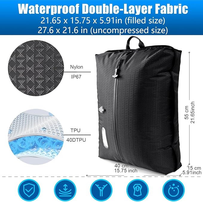 Travel Vacuum Bags with Pump–Electric Wireless Air Pump, Double Layer travel vacuum bags for luggage with IP67 Waterproof (Large size 1PC+Pump)