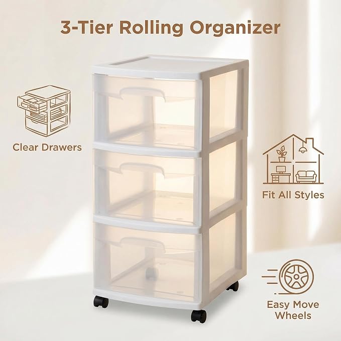 3 Drawer Plastic Storage Cart, Clear Rolling Home Office Organizer WHITE | Removable wheels switch between rolling mobility & stationary stability for any room.