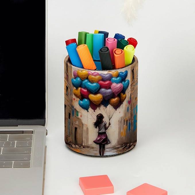 Watercolor Girl and Balloons Pen Holder Pencil Organizer for Desk, 3.1” x 3.1” x 3.9” Pencil Cup Office Supplies, Large Capacity Cute Pen and Makeup Brush Holder for Home, School, Desktop