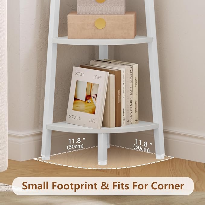 Hoctieon Corner Shelf, 6-Tier Corner Bookshelf, Rustic Ladder Shelf, Industrial Display Stand for Living Room, Kitchen, Home Office, Balcony, Small Space, Metal Frame, White