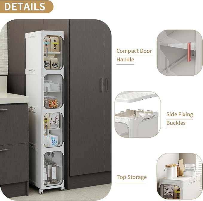 3-Tier Slim Bathroom Narrow Storage Cabinet with Wheels, White | Tool Free Assembly, Adjustable Shelves, Fits for Narrow Spaces, Reinforced Stability, Magnetic Clear Door