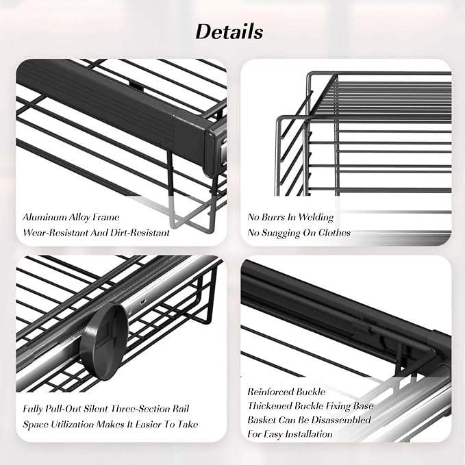 Depth 17.95In Expandable Cabinet Pull Out Basket,Stackable Shelf Baskets Organizer,Aluminum Alloy Stackable Storage Bins,for Office Bathroom Bedroom,Silver-20.47-22.44in