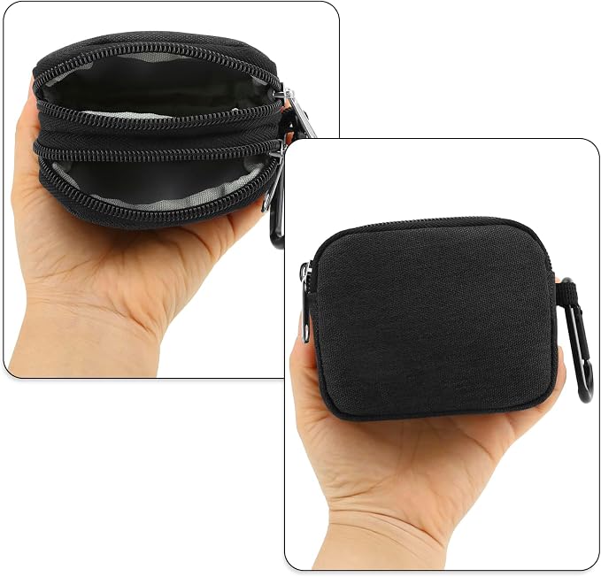 E-Tree Coin Purse with Carabiner Clip, Dual Layer Card Case Holder, Mini Pouch for AirPod Earphone Keychain USB Cable,Wallet, Small Accessories Organizer Bag for Women and Men (Black-Side Zippers)