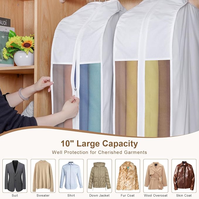 43" Premium Cotton Garment Bag for Hanging Clothes, Breathable Suit Bags for Closet Storage with Extre Large 10" Gusseted & Clear Window, Dust Cover with Zipper for Suits, Jacket, 1 Pack