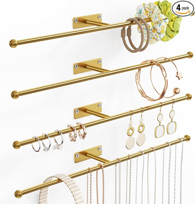 Wall Hanging Jewelry Organizer: 12.6'' Necklace Holder for Earring, Bracelet, Rings, Hairband, Glasses, Gold 4-Pack, Screws Included