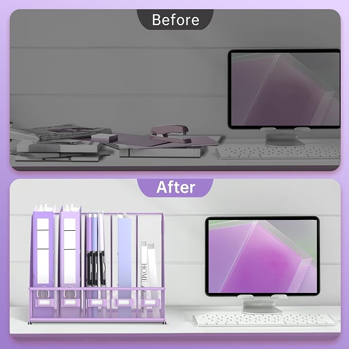 5 Vertical Compartments Magazine Holder, Metal Binder Organizer, Purple | Space-Saving Desktop Storage, Built-In Label Holders, Anti-Slip Feet, Sized for Binders, Folders, Magazines and Files