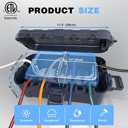 Flemoon [2 Pack] Medium Outdoor Electrical Box Waterproof, Outdoor Plug | Electrical Box (11.5x5.2x4 inch) w/6 Cable Entry Ports, Extension Cord Cover for Power Strip, Timer, Holiday Light, Gray
