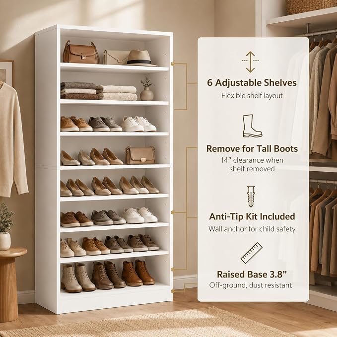 Homieasy 9-Tier Tall Shoe Rack Cabinet for Closet & Entryway, White | Wooden Narrow Shoe Organizer Cabinet with Adjustable Shelves, Freestanding, for Bedroom, Hallway