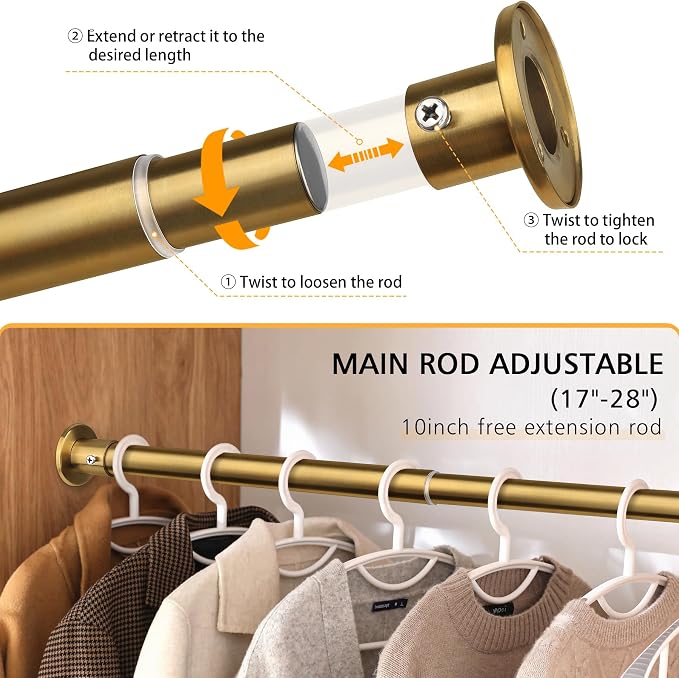 Closet Rods For Hanging Clothes, 17-76 Inch Adjustable Closet Rod, Stainless Steel Heavy Duty Closet Hanging Rod-Gold