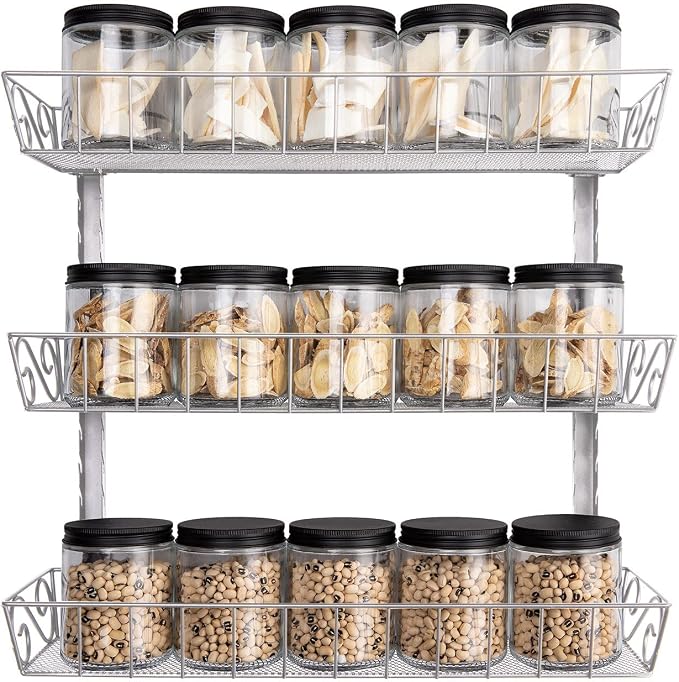 SWOMMOLY Adjustable Wall Mount Spice Rack, 3-Tier Dual-use (Multi-use) Organizer, Silver
